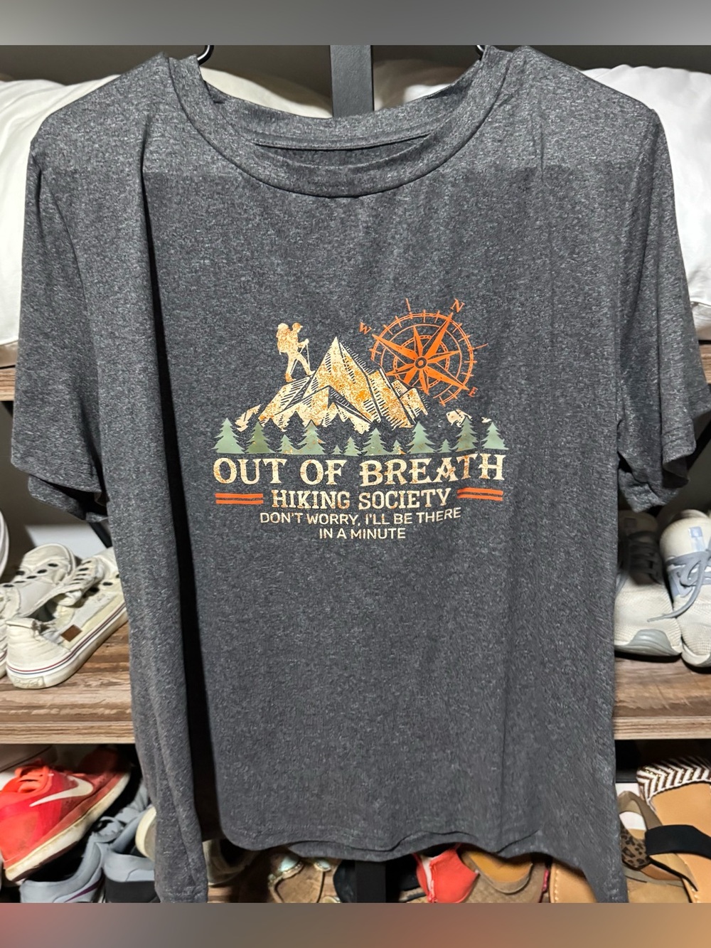 SHEIN Charcoal Graphic Tee with Orange, Green & Cream Hiking Print